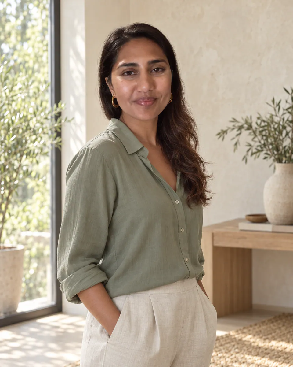 Portrait éditorial d’Aziza Amode-Adame dans des tons sauge et naturels